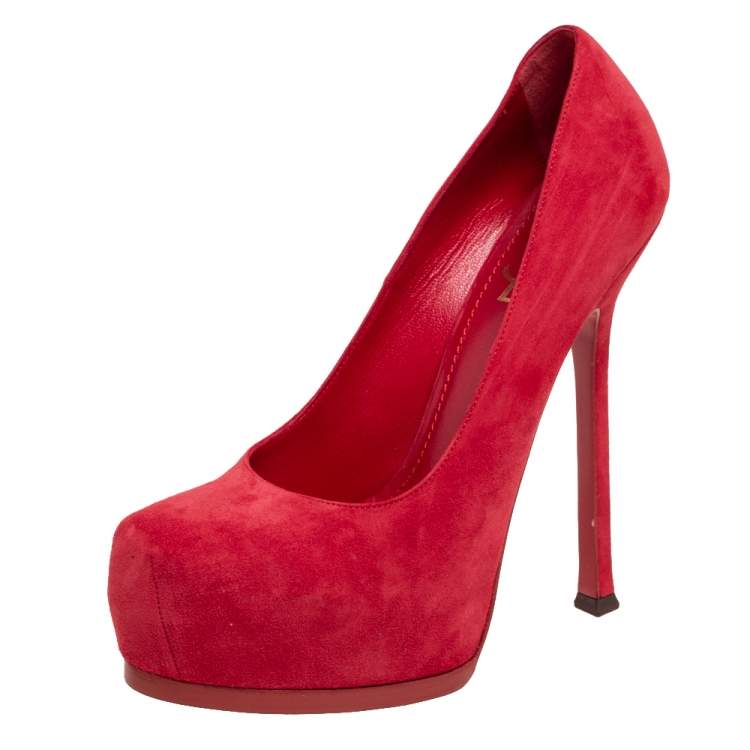 Pre Owned Saint Laurent Red Suede Leather Tribtoo Platform Pumps Size 38.5