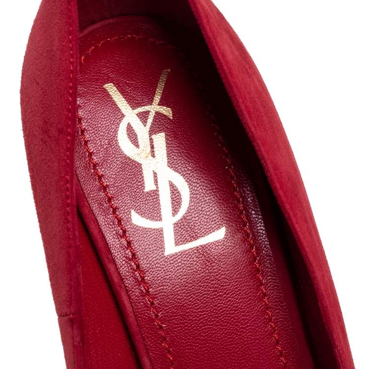 Pre Owned Saint Laurent Red Suede Leather Tribtoo Platform Pumps Size 38.5