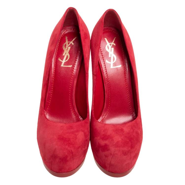 Pre Owned Saint Laurent Red Suede Leather Tribtoo Platform Pumps Size 38.5