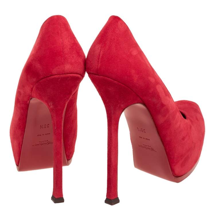 Pre Owned Saint Laurent Red Suede Leather Tribtoo Platform Pumps Size 38.5