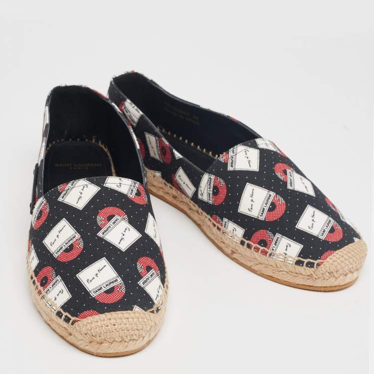 Pre Owned Saint Laurent Black Printed Canvas Flat Espadrilles Size 36