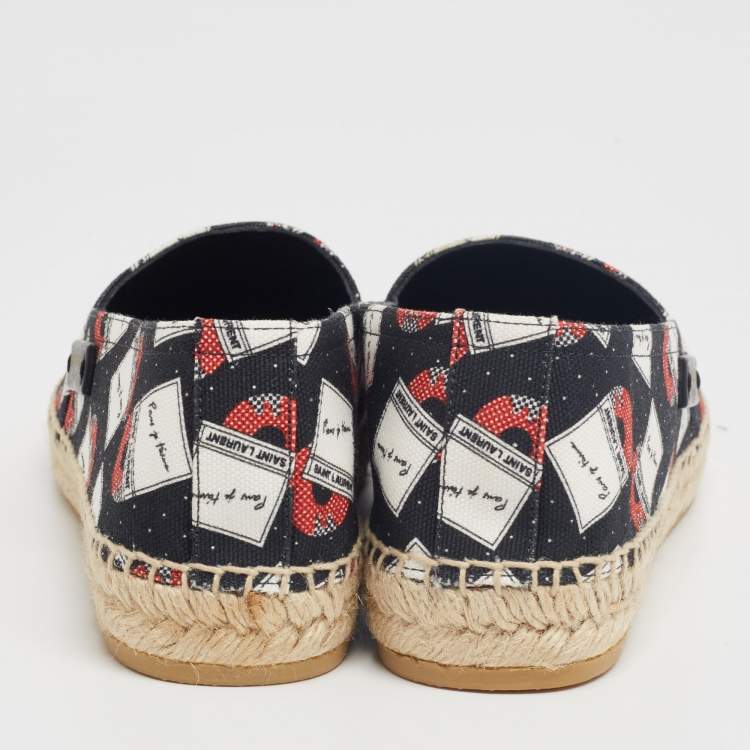 Pre Owned Saint Laurent Black Printed Canvas Flat Espadrilles Size 36