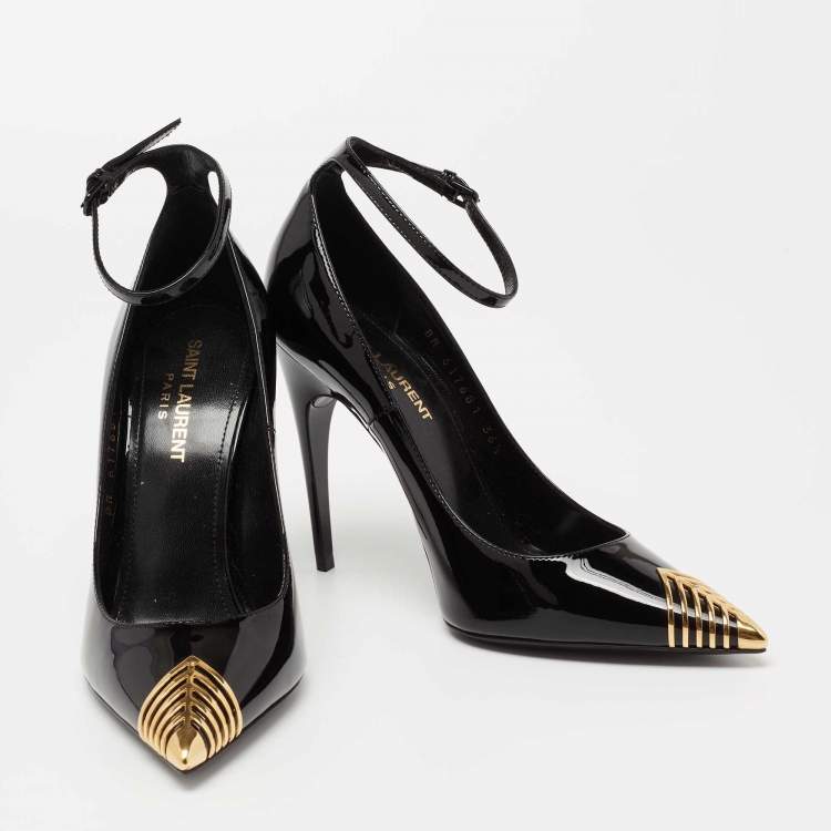 Pre Owned Saint Laurent Black Patent Leather Newton Ankle-Strap Pumps Size 36.5