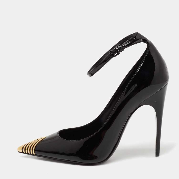 Pre Owned Saint Laurent Black Patent Leather Newton Ankle-Strap Pumps Size 36.5