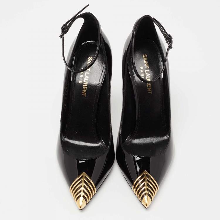 Pre Owned Saint Laurent Black Patent Leather Newton Ankle-Strap Pumps Size 36.5