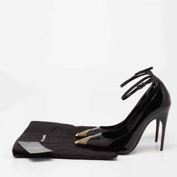 Pre Owned Saint Laurent Black Patent Leather Newton Ankle-Strap Pumps Size 36.5