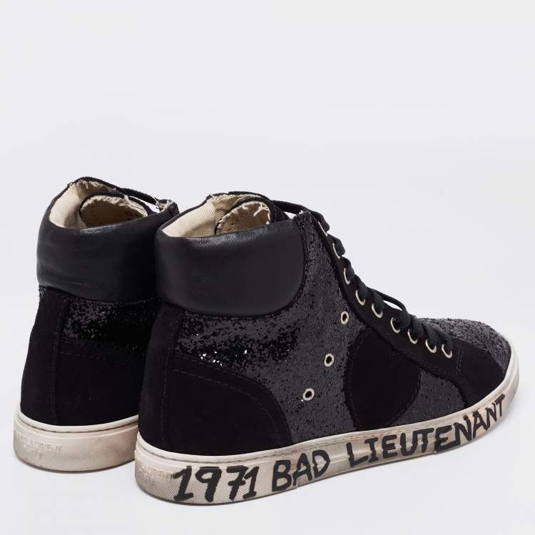 Pre Owned Saint Laurent Black Leather And Glitter Bad Lieutenant High-Top Sneakers Size 40 