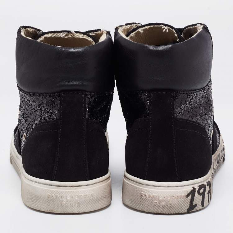 Pre Owned Saint Laurent Black Leather And Glitter Bad Lieutenant High-Top Sneakers Size 40 