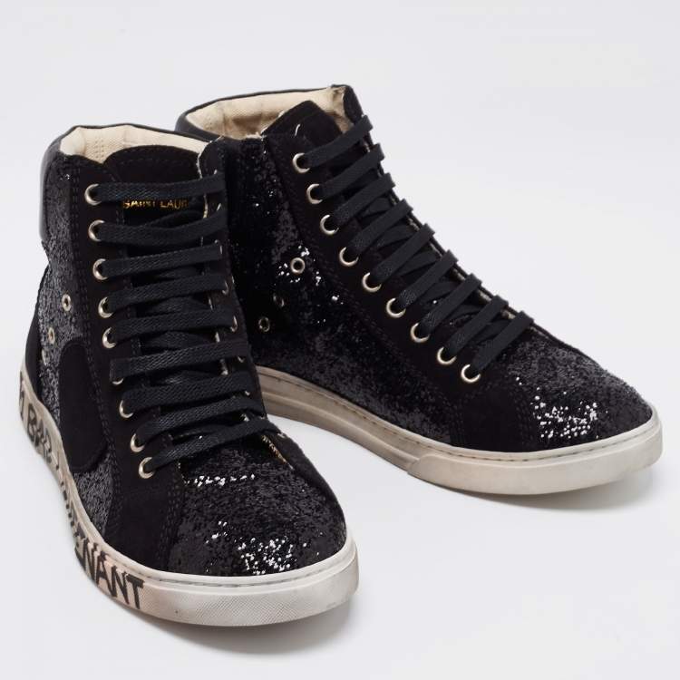 Pre Owned Saint Laurent Black Leather And Glitter Bad Lieutenant High-Top Sneakers Size 40 