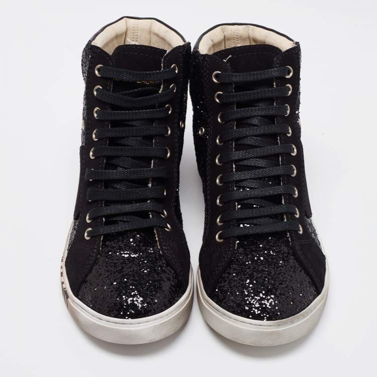 Pre Owned Saint Laurent Black Leather And Glitter Bad Lieutenant High-Top Sneakers Size 40 