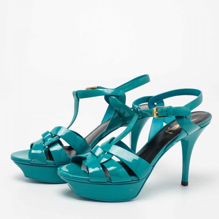 Pre Owned Saint Laurent Turquoise Patent Leather Tribute Platform Sandals Size 38