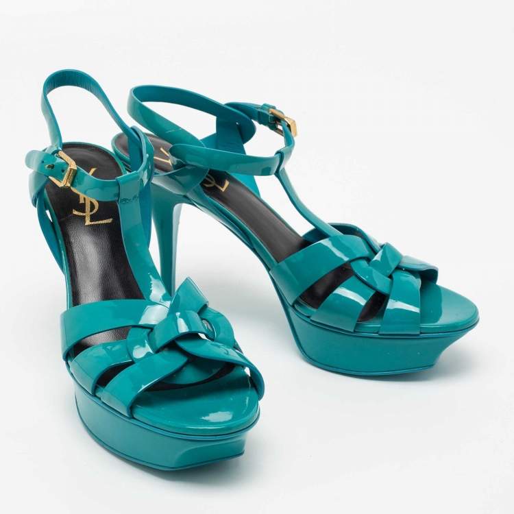 Pre Owned Saint Laurent Turquoise Patent Leather Tribute Platform Sandals Size 38