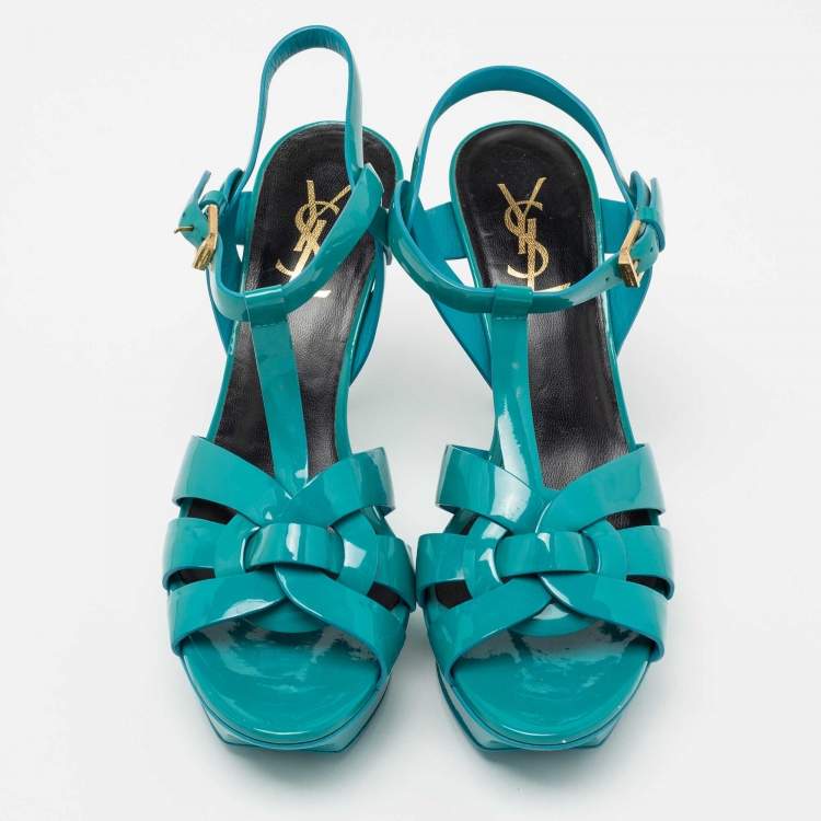 Pre Owned Saint Laurent Turquoise Patent Leather Tribute Platform Sandals Size 38