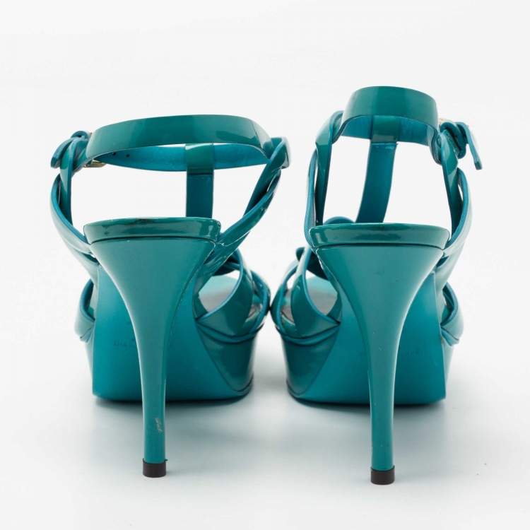 Pre Owned Saint Laurent Turquoise Patent Leather Tribute Platform Sandals Size 38