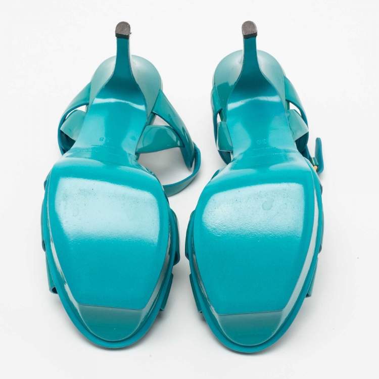 Pre Owned Saint Laurent Turquoise Patent Leather Tribute Platform Sandals Size 38