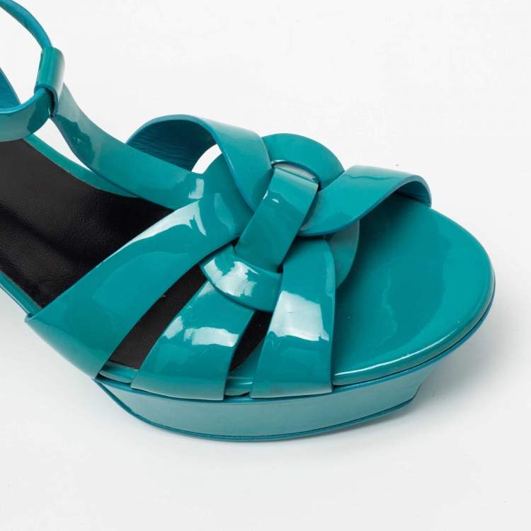 Pre Owned Saint Laurent Turquoise Patent Leather Tribute Platform Sandals Size 38