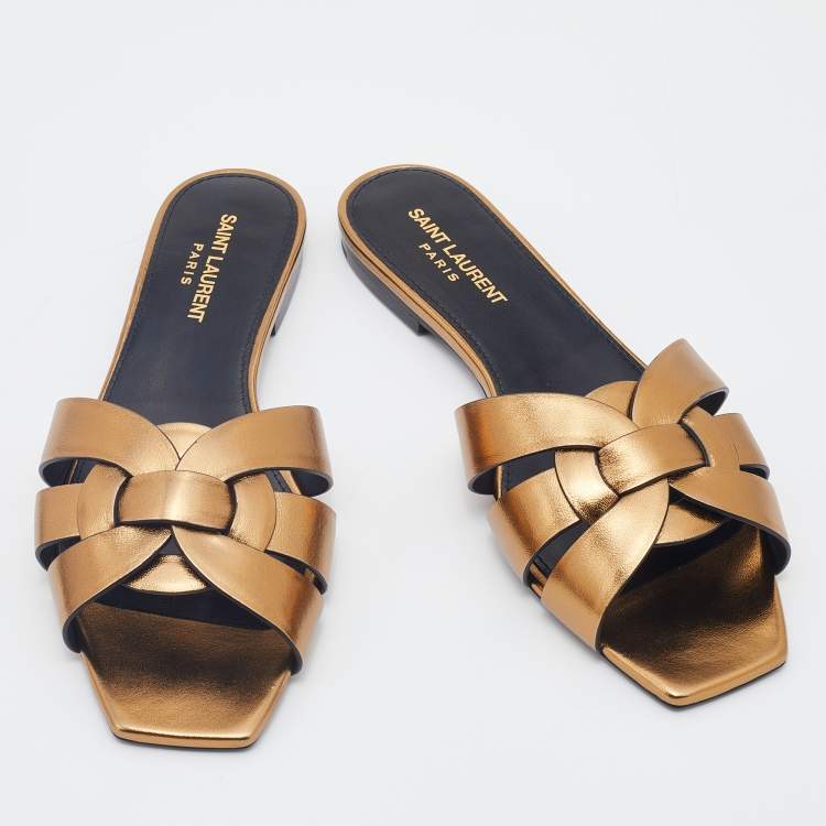Pre Owned Saint Laurent Gold Leather Tribute Flat Slides Size 38.5