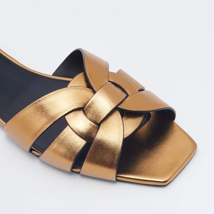 Pre Owned Saint Laurent Gold Leather Tribute Flat Slides Size 38.5