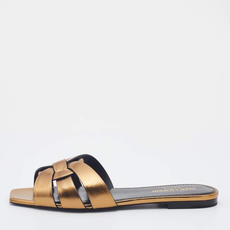Pre Owned Saint Laurent Gold Leather Tribute Flat Slides Size 38.5