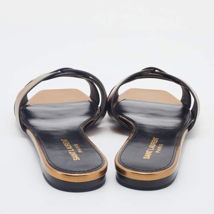 Pre Owned Saint Laurent Gold Leather Tribute Flat Slides Size 38.5