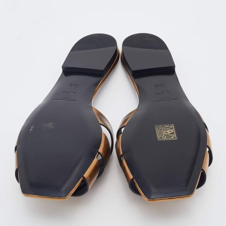 Pre Owned Saint Laurent Gold Leather Tribute Flat Slides Size 38.5