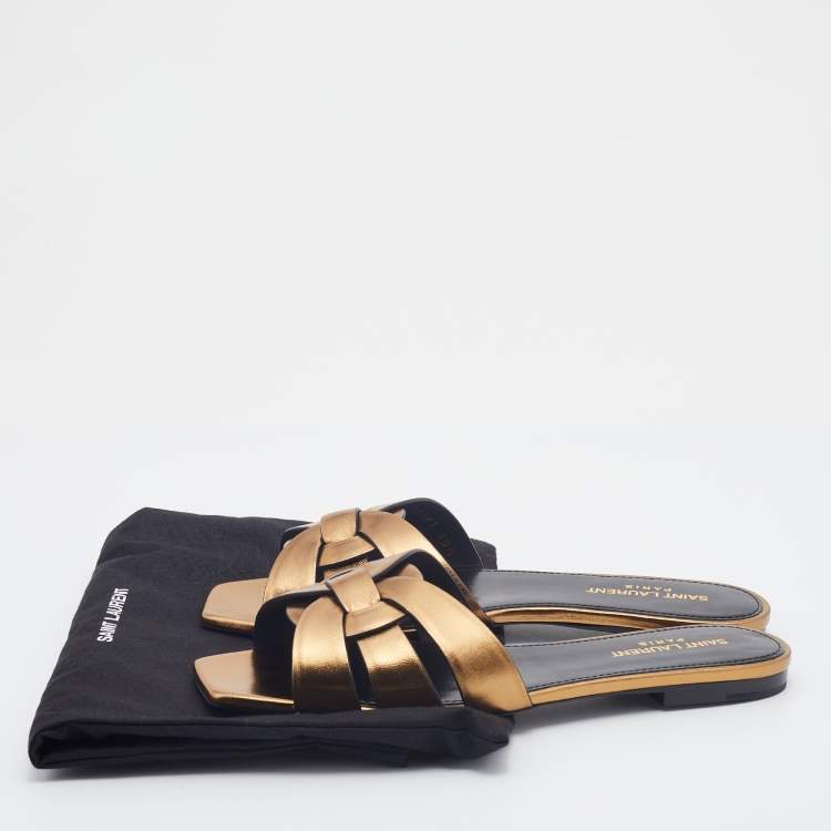 Pre Owned Saint Laurent Gold Leather Tribute Flat Slides Size 38.5