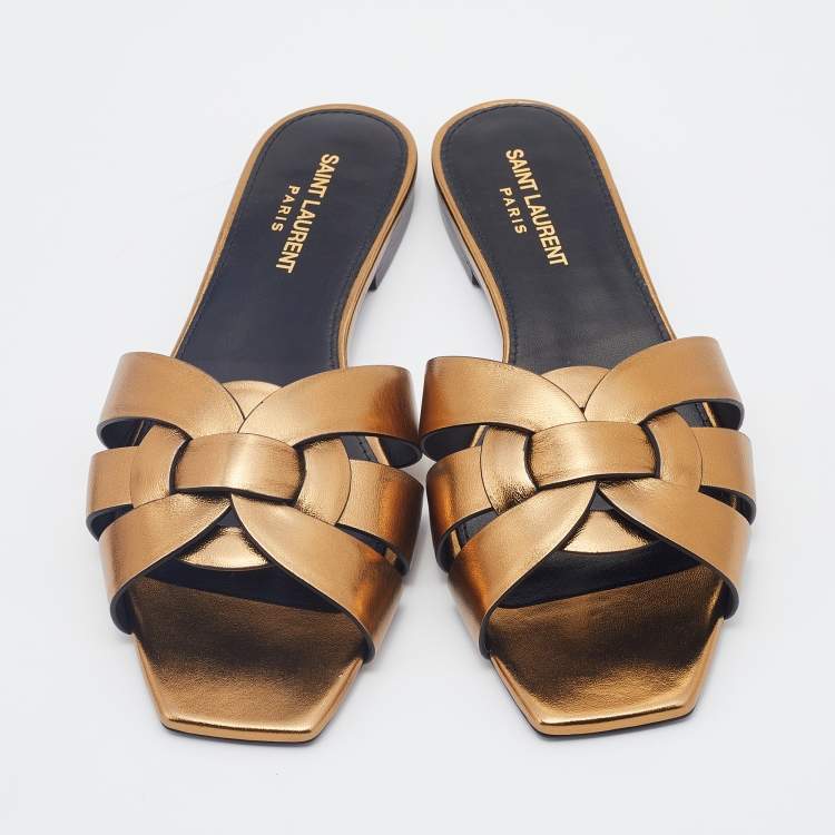 Pre Owned Saint Laurent Gold Leather Tribute Flat Slides Size 38.5
