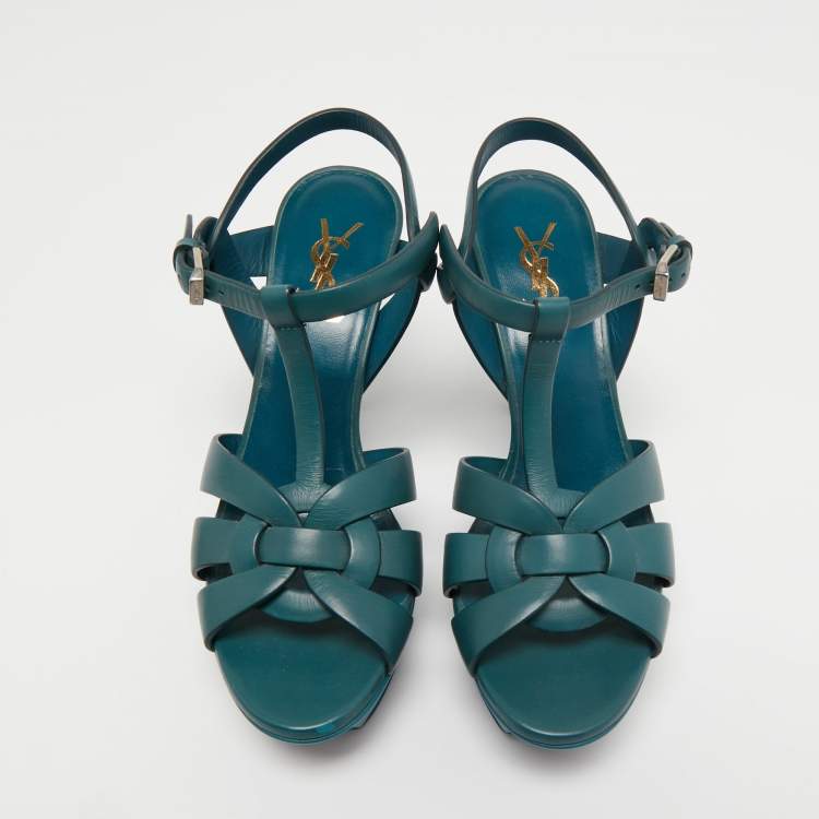 Pre Owned Saint Laurent Teal Leather Tribute Platform Sandals Size 38