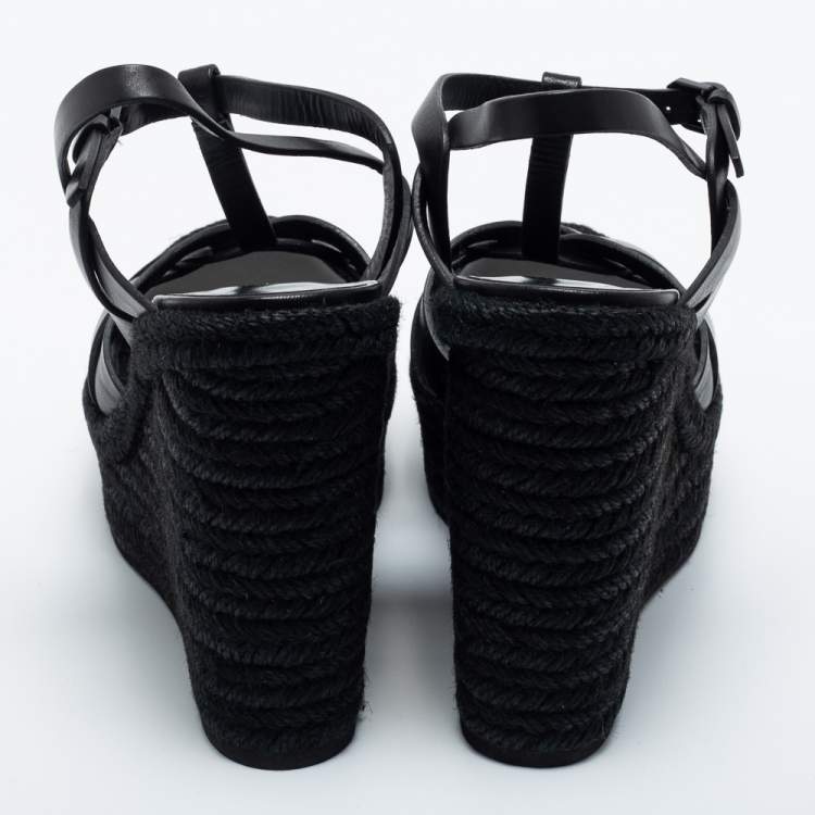 Pre Owned Saint Laurent Black Leather Tribute Espadrille Wedge Sandals Size 40
