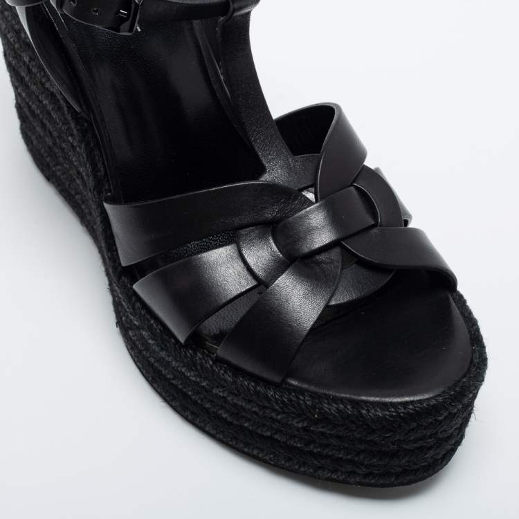 Pre Owned Saint Laurent Black Leather Tribute Espadrille Wedge Sandals Size 40