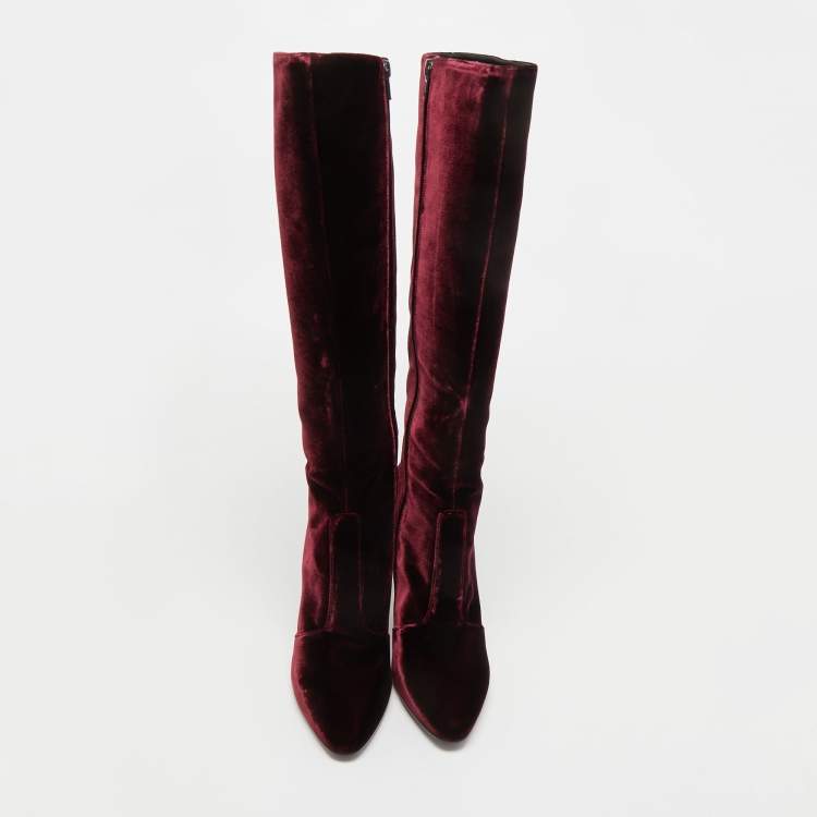 Pre Owned Saint Laurent Paris Burgundy Velvet Knee High Boots Size 39 