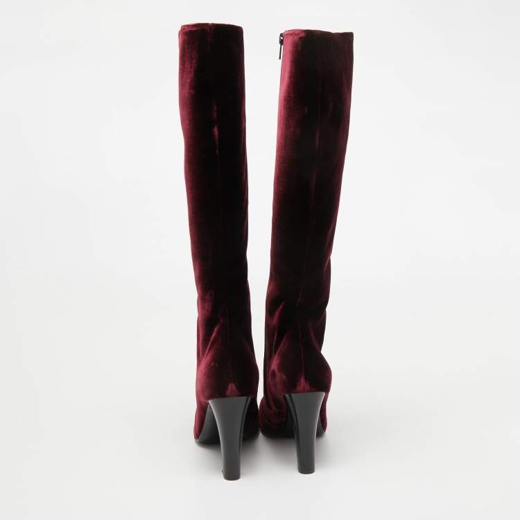 Pre Owned Saint Laurent Paris Burgundy Velvet Knee High Boots Size 39 