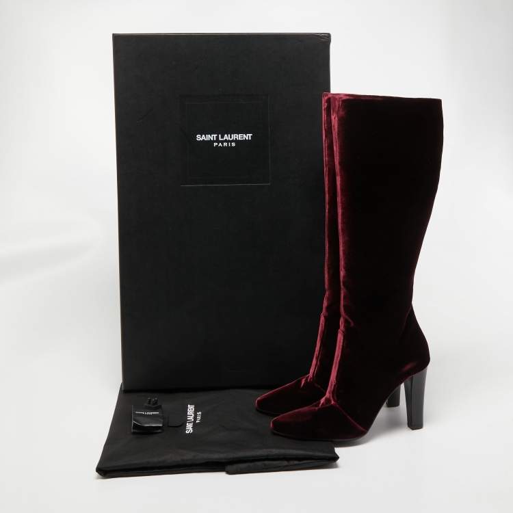 Pre Owned Saint Laurent Paris Burgundy Velvet Knee High Boots Size 39 
