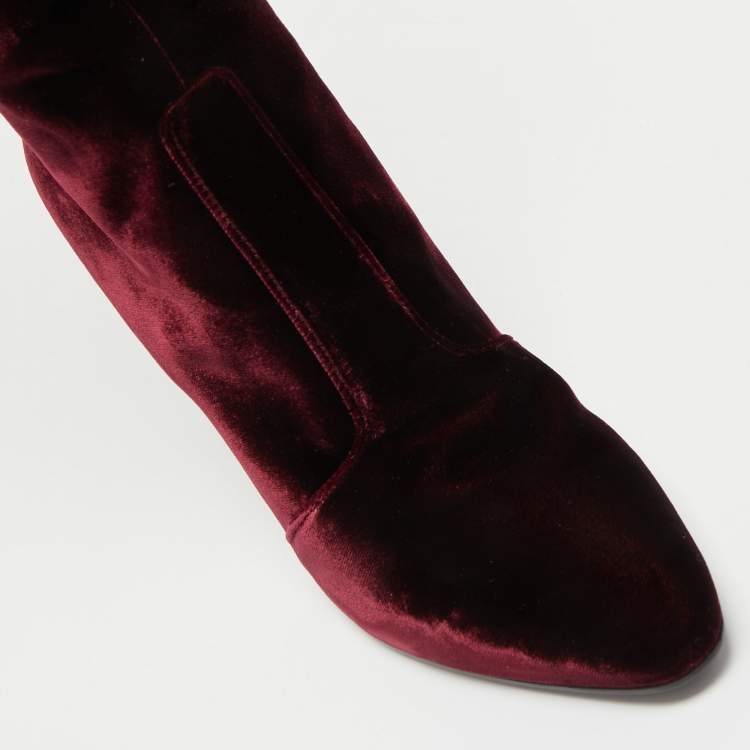 Pre Owned Saint Laurent Paris Burgundy Velvet Knee High Boots Size 39 