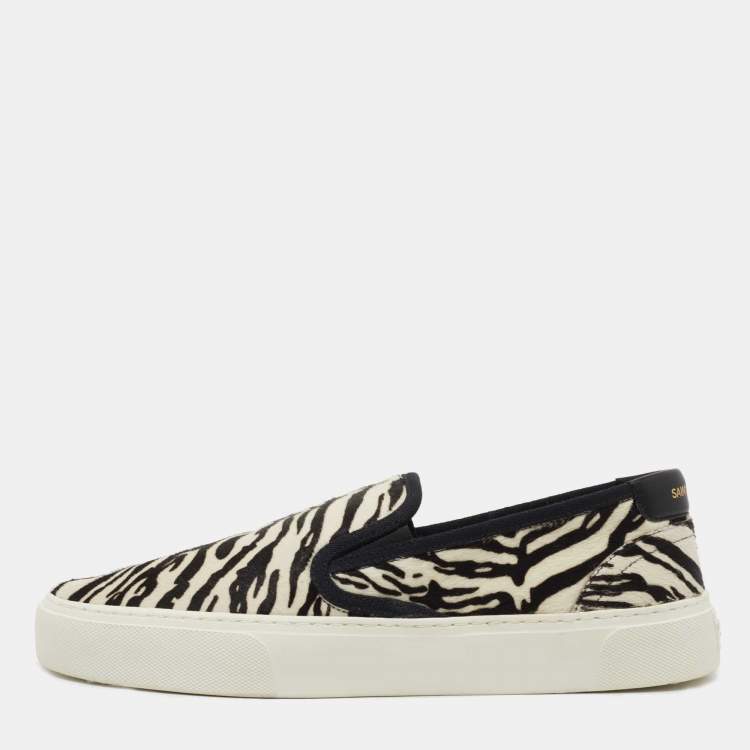 Pre Owned Saint Laurent Paris White/Black Calf hair Slip On Sneakers Size 40