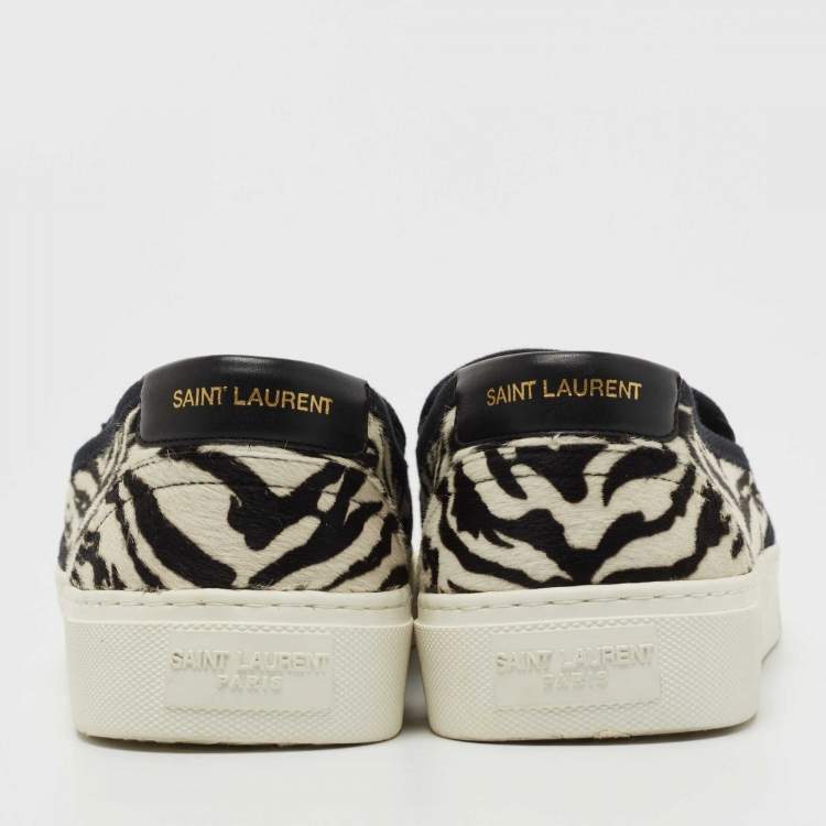 Pre Owned Saint Laurent Paris White/Black Calf hair Slip On Sneakers Size 40