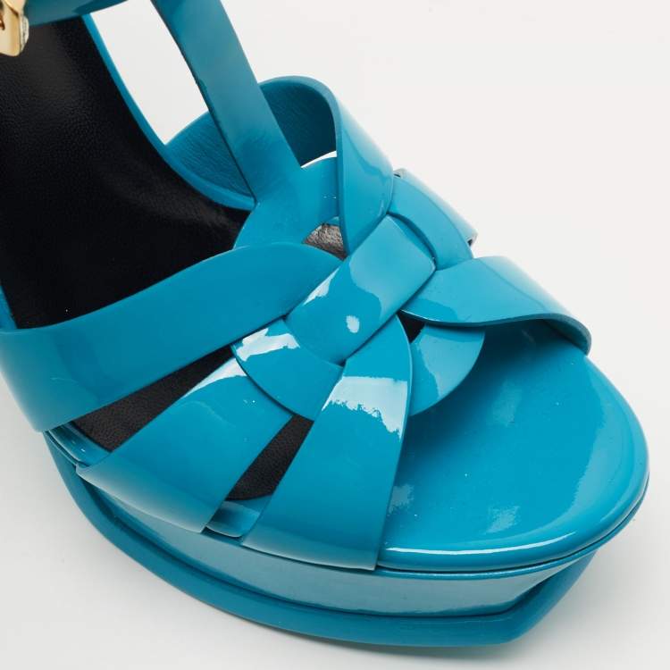 مملوكة مسبقًا Saint Laurent Blue Patent Leather Tribute Sandals Size 38.5