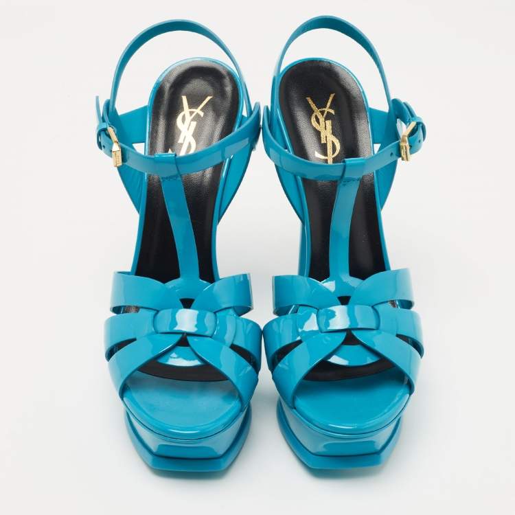مملوكة مسبقًا Saint Laurent Blue Patent Leather Tribute Sandals Size 38.5