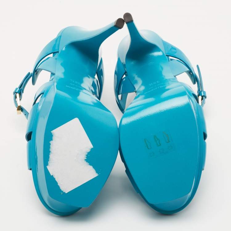 مملوكة مسبقًا Saint Laurent Blue Patent Leather Tribute Sandals Size 38.5