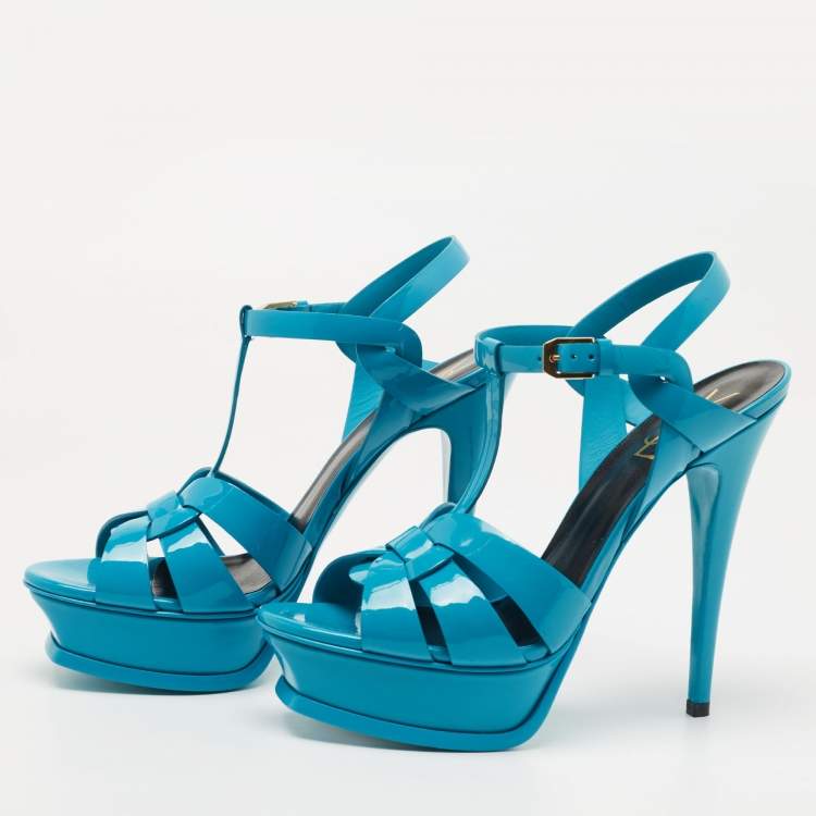 مملوكة مسبقًا Saint Laurent Blue Patent Leather Tribute Sandals Size 38.5