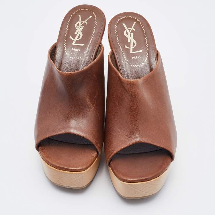 Pre Owned Saint Laurent Brown Leather Wooden Platform Wedge Mules Size 37