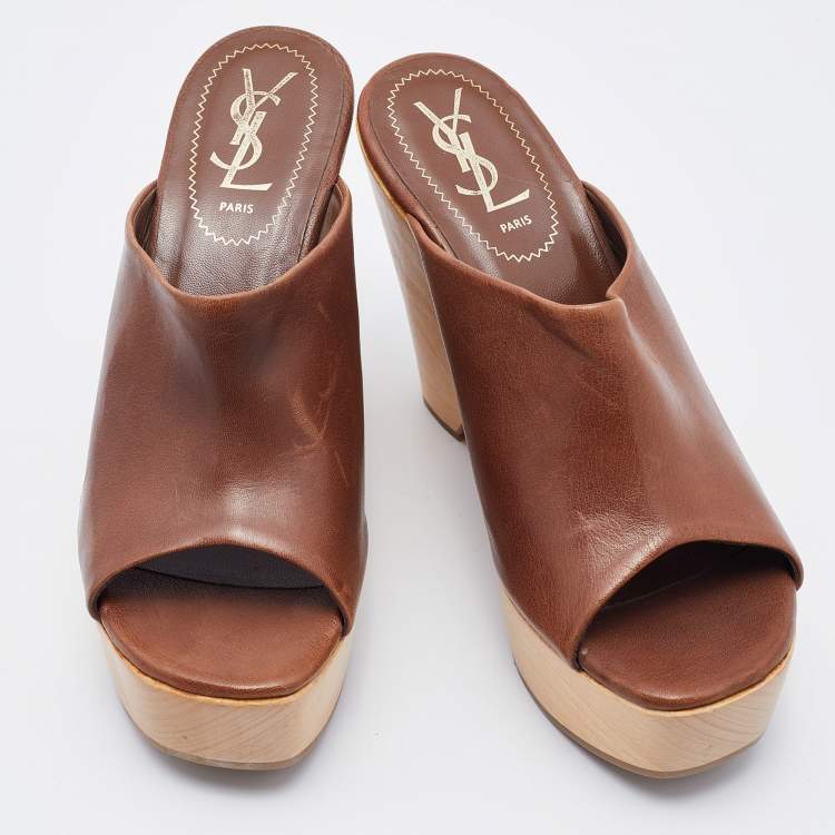 Pre Owned Saint Laurent Brown Leather Wooden Platform Wedge Mules Size 37