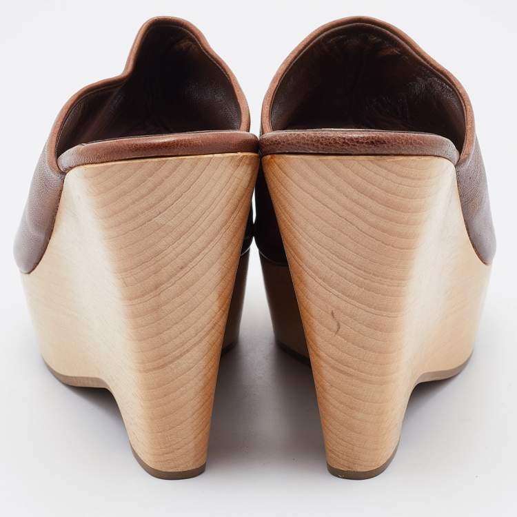 Pre Owned Saint Laurent Brown Leather Wooden Platform Wedge Mules Size 37