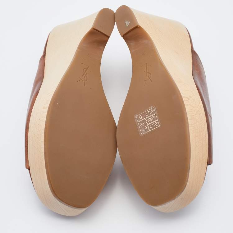 Pre Owned Saint Laurent Brown Leather Wooden Platform Wedge Mules Size 37