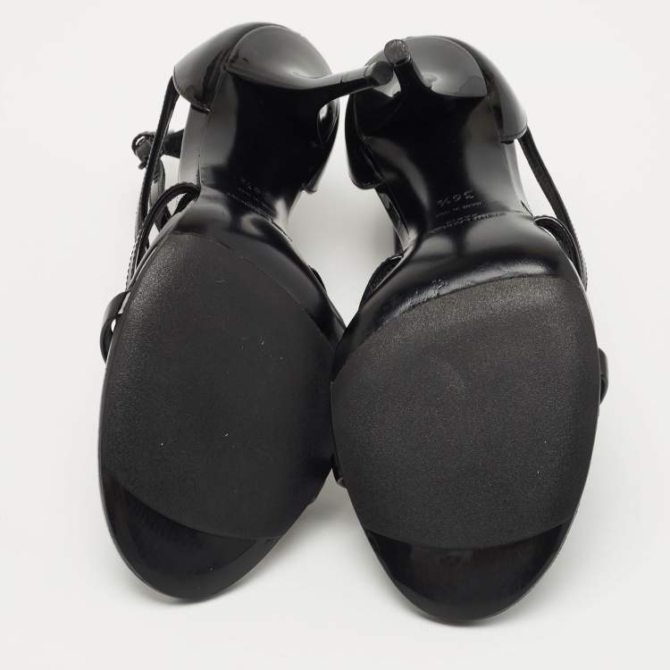 مملوكة مسبقًا Saint Laurent Black Patent Leather Cassandra Sandals Size 36.5