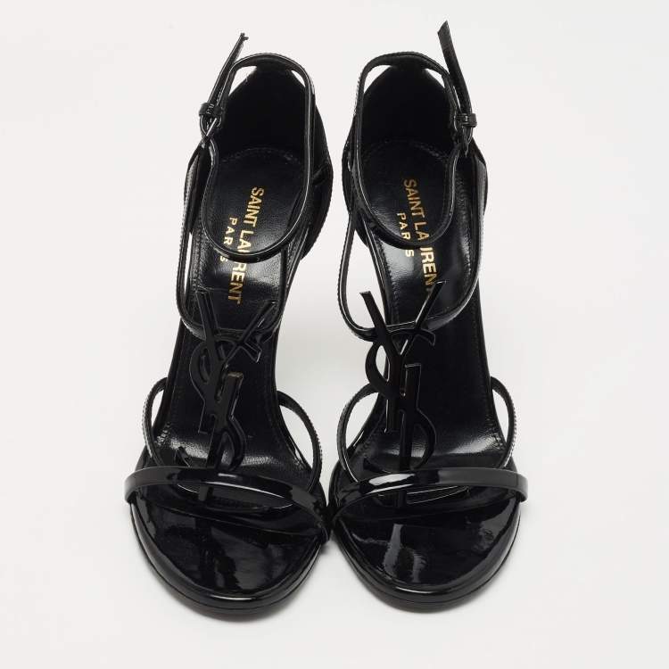 مملوكة مسبقًا Saint Laurent Black Patent Leather Cassandra Sandals Size 36.5