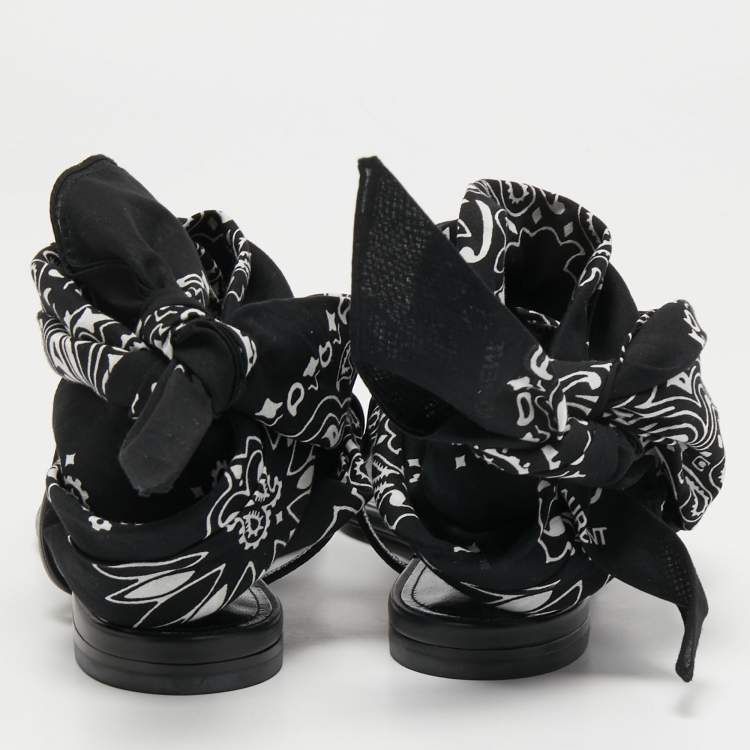 Pre Owned Saint Laurent Paris Black/White  Leather and Fabric Ankle Wrap Flat Sandals Size 37