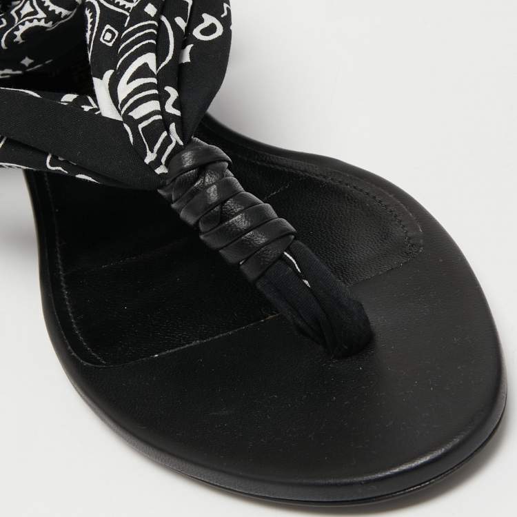 Pre Owned Saint Laurent Paris Black/White  Leather and Fabric Ankle Wrap Flat Sandals Size 37