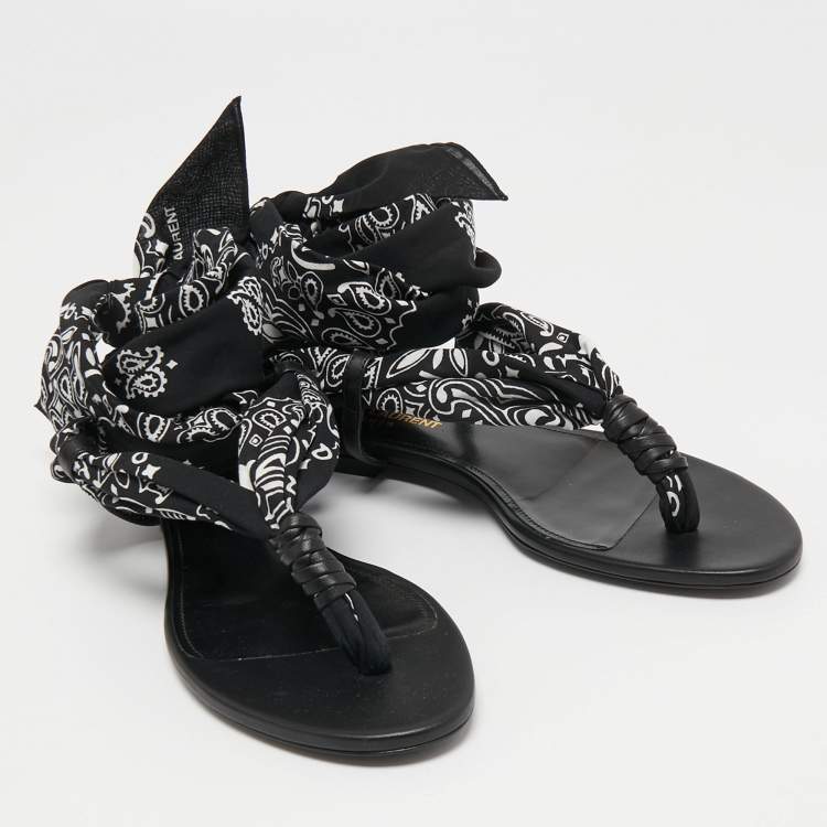 Pre Owned Saint Laurent Paris Black/White  Leather and Fabric Ankle Wrap Flat Sandals Size 37