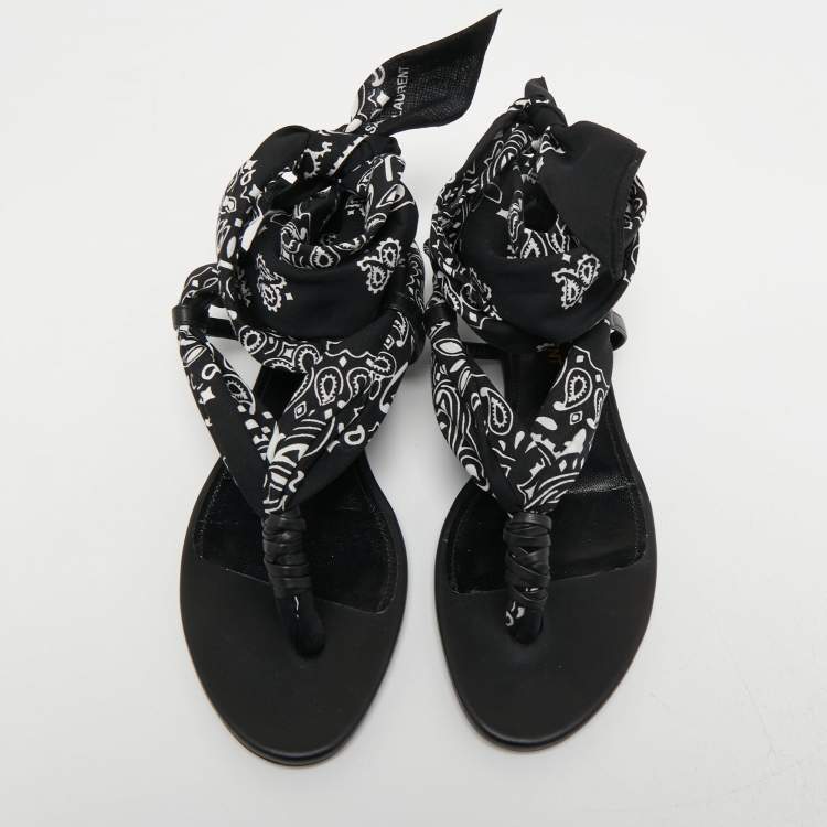 Pre Owned Saint Laurent Paris Black/White  Leather and Fabric Ankle Wrap Flat Sandals Size 37